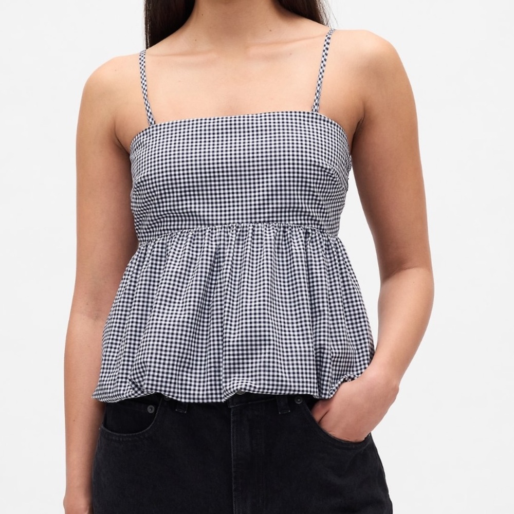 Navy Blue Gingham Cotton Poplin Bubble Top Size XS Petite